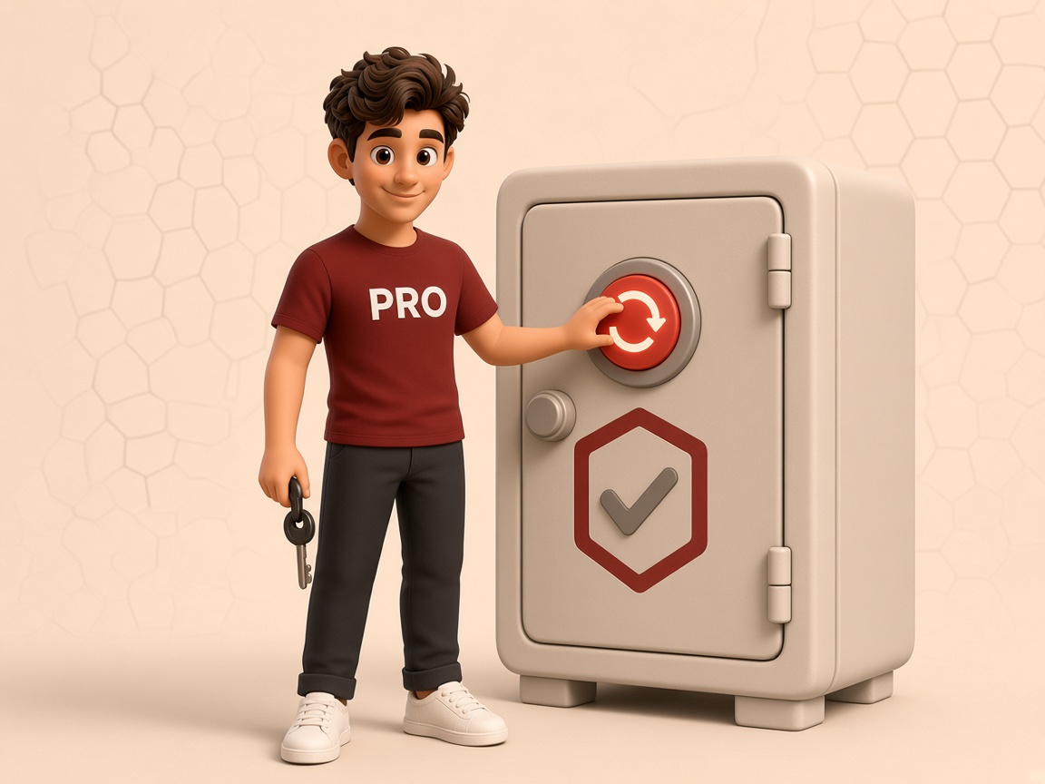 PRO-Figur neben einem Tresor mit Waben-Schild und einem roten Update-Knopf – Sicherheit, Sicherung und Updates