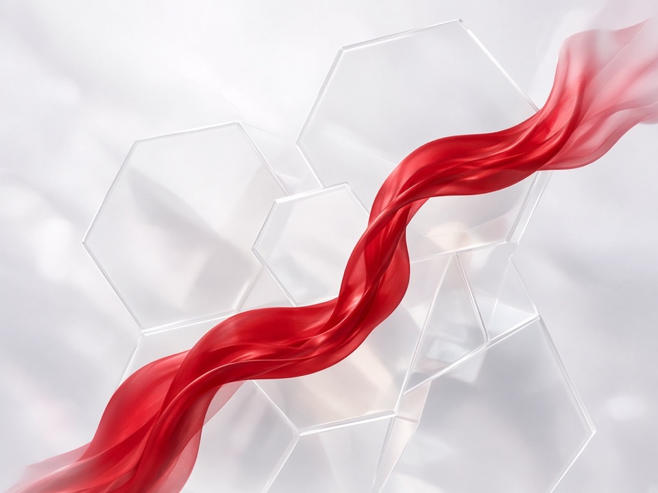 Rotes Seidenband schwingt durch transparente Waben-Flächen – Gestaltung und Animation