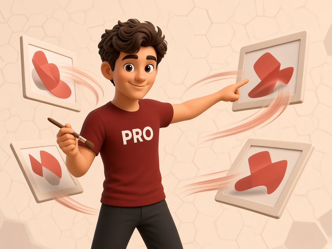 PRO-Figur mit Pinsel arrangiert bewegte Logo-Formen – Gestaltung und Animation