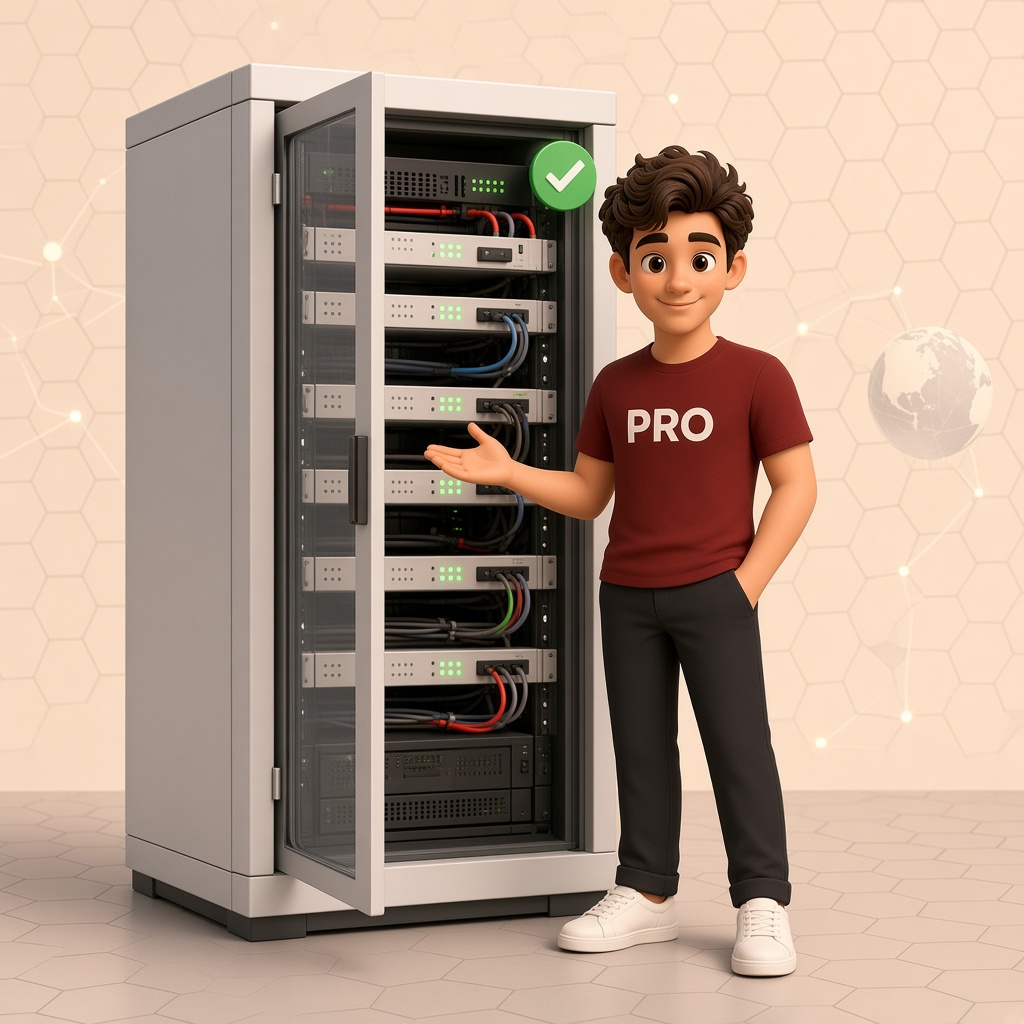 PRO-Figur präsentiert ein großes Server-Rack – Hosting und Domains